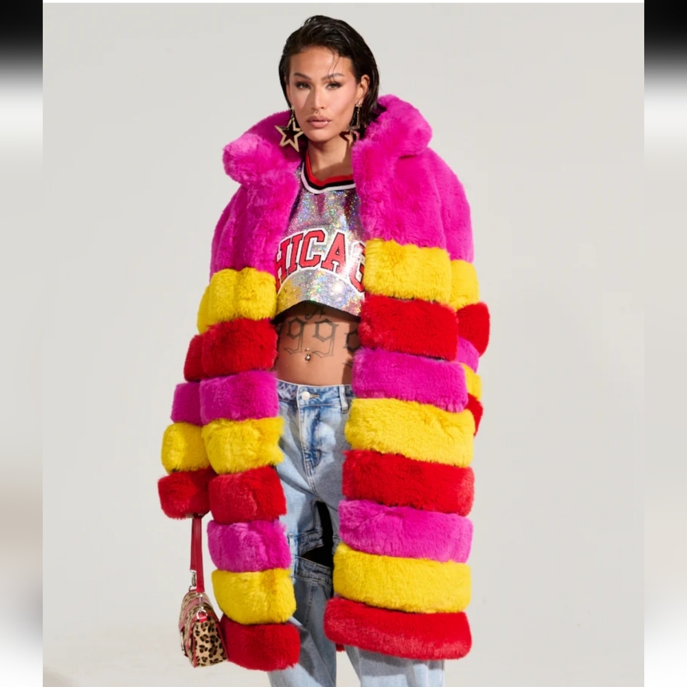 RAMI MULTI COLOR FAUX FUR PANEL TRENCH COAT - Picture 3 of 9